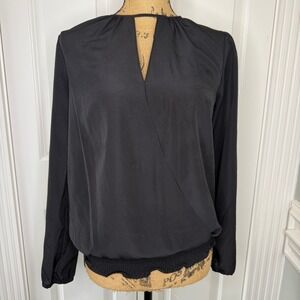 MICHAEL KORS Black Keyhole Neckline Wrap Blouse Long Sleeve Smocked Waist S EUC